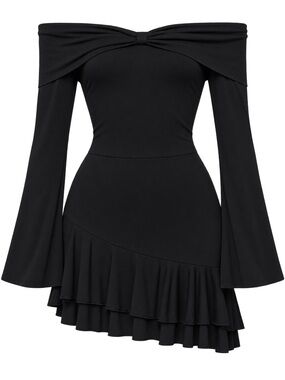 Sugar Thrillz Off-Shoulder Black Ruffle Hem Dress